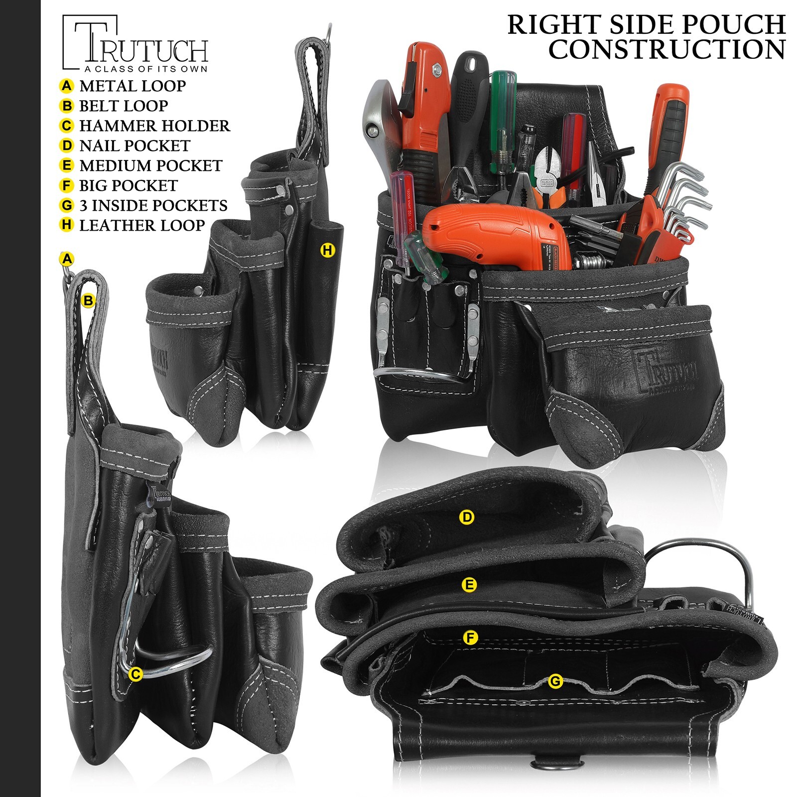 Trutuch Leather Carpenter Tool Belt | 18 Pockets | Framers Tool Belt | Handyman
