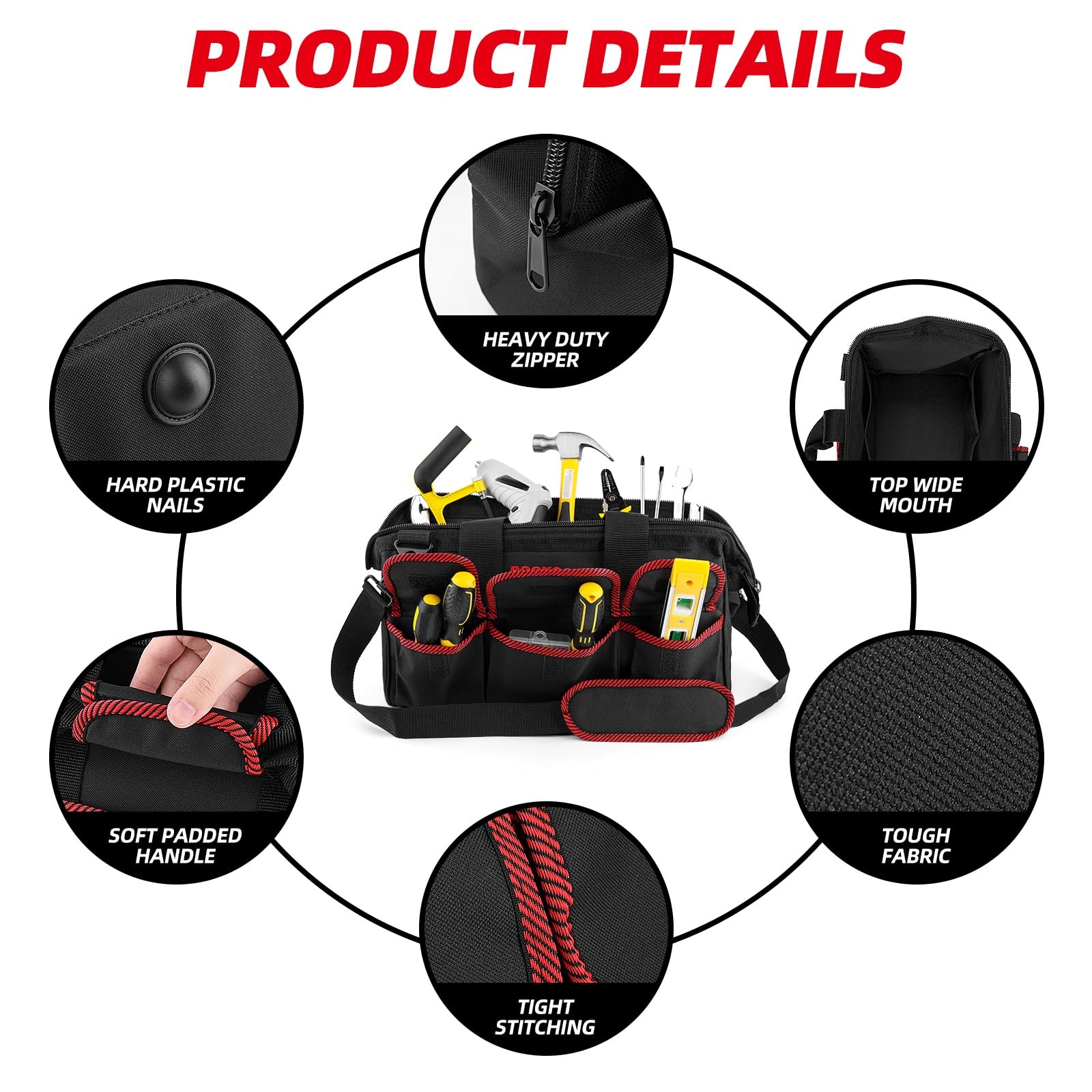 ROCKCOON Tool Bag 16”, Multi-pocket Organizer with Shoulder Strap, Red