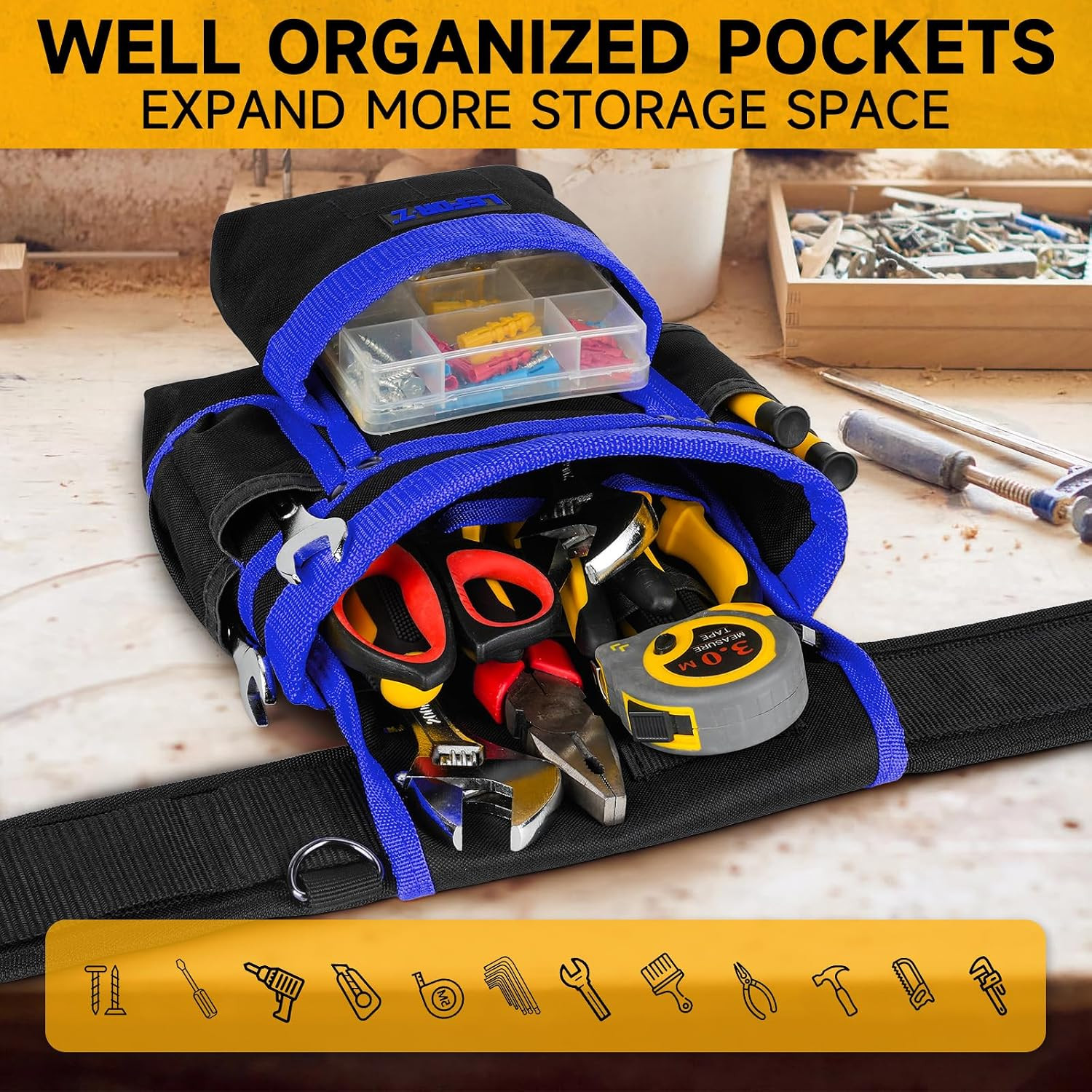 Tool Belt with 4 D-Rings,27-Pockets Tool Belts for Men,Construction | Heavy Duty