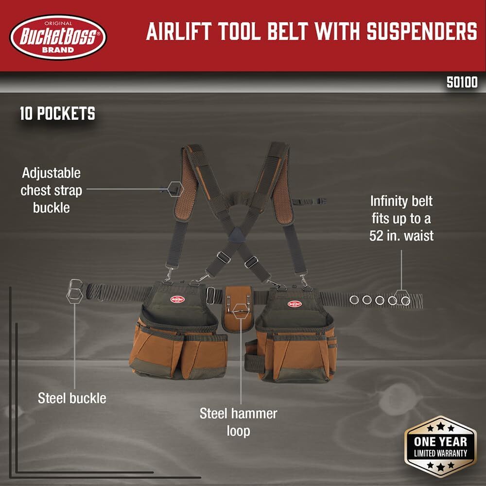 Bucket Boss Original AirLift Tool Belt Pouch with Suspenders with 12 pockets,52″