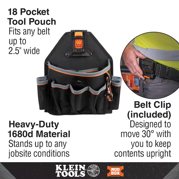 Klein Tools Pouch, Tool Pouch, Modbox, 18-Pockets, Polyester Black/Gray/Orange,