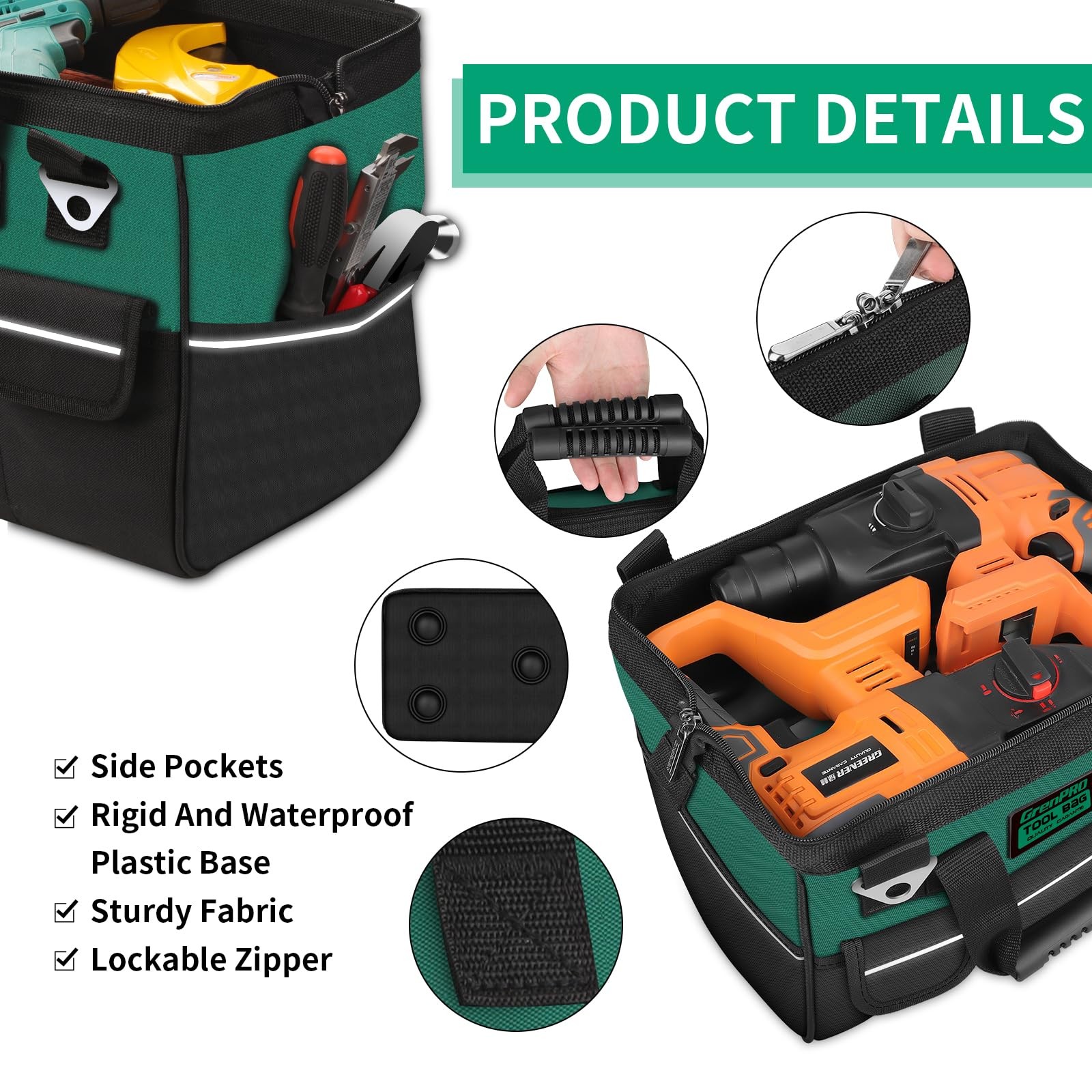 GRENPRO 13.5″ Small Tool Bag Organizer, Wide Mouth Electrician Tool Bag