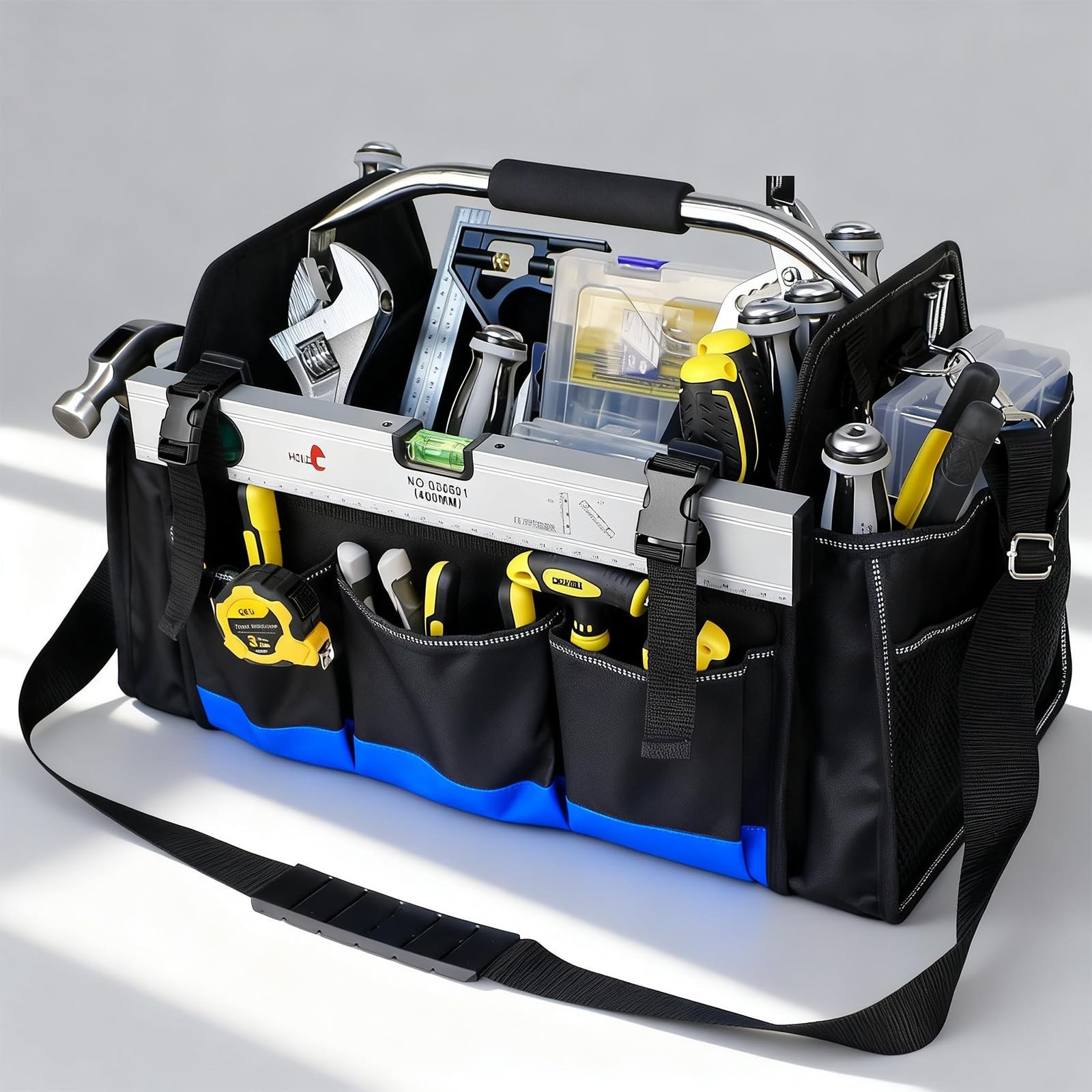 18 Inch Open Top Tool Bag 30 Pockets 1680D Waterproof Electrician Tote Blue