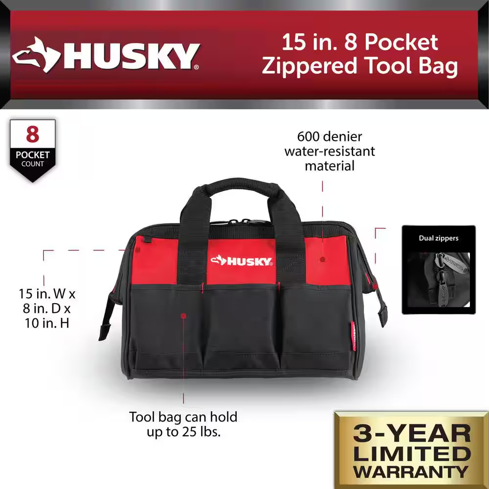 15 In. 8 Pocket Zippered Tool Bag