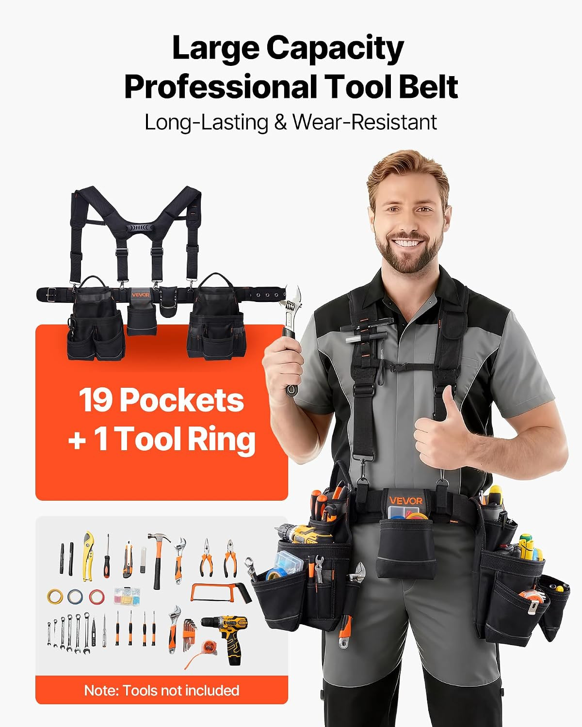 Tool Belt, 19 Pockets Tool Pouch with Suspenders for Men, Heavy Duty Adjustable