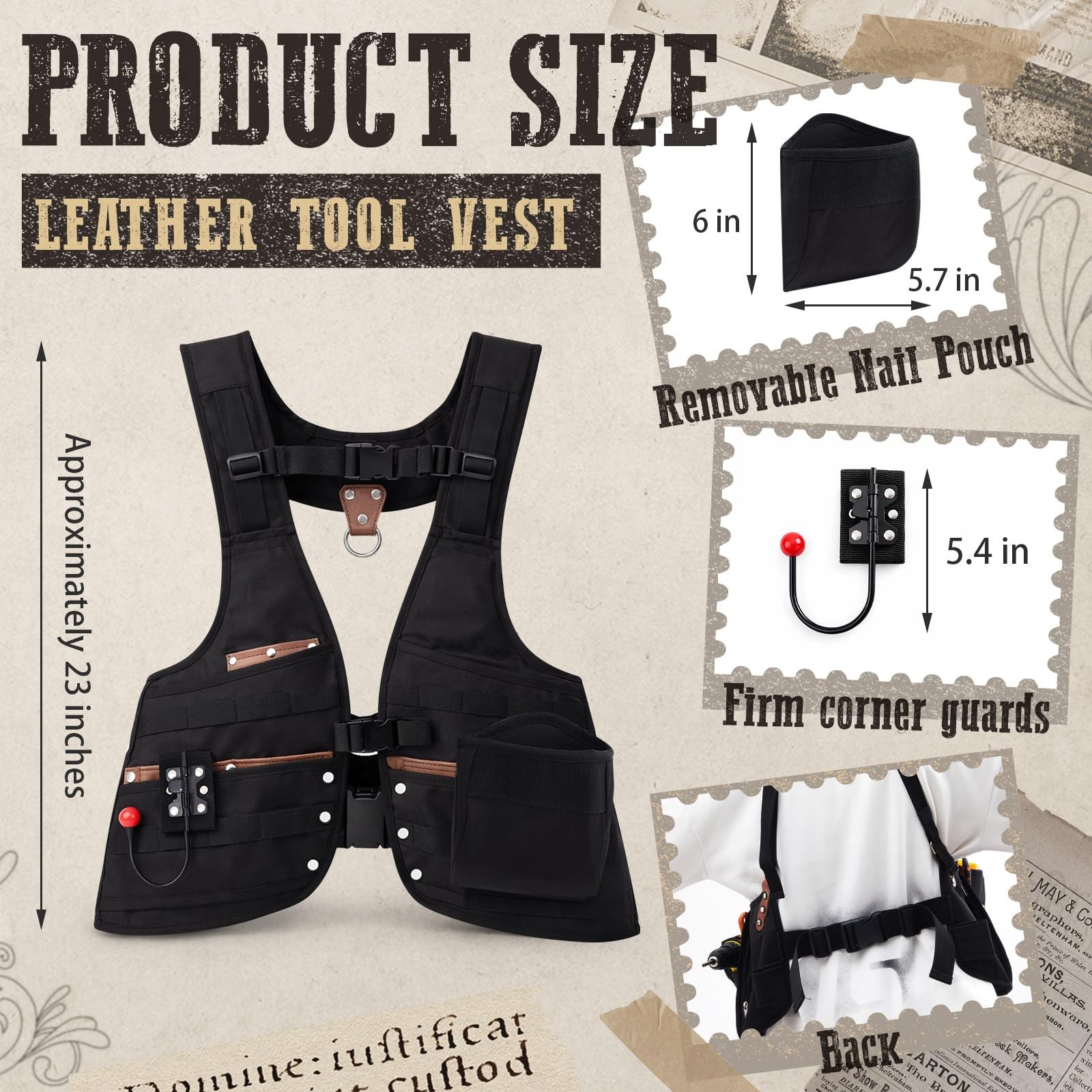 Tool Vest 33 Pockets Leather Removable Nail Pouch Drill Holster Heavy Duty