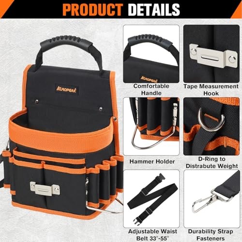 Tool Belt Pouch, 22 Pockets with Hammer Loops & Tape Clip | Durable Nylon