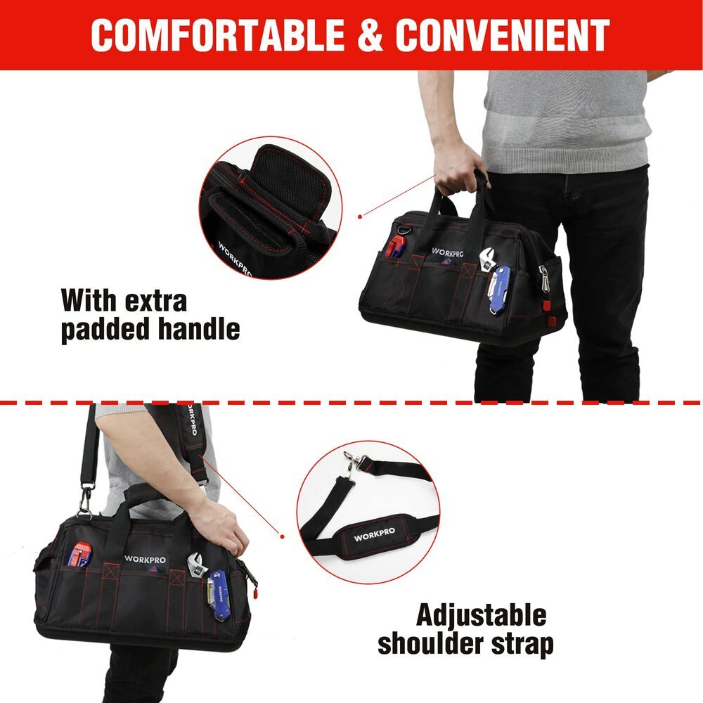WORKPRO 16″ Zipper Wide Mouth Tool Storage Bag Case Large Capacity w/21 Pockets