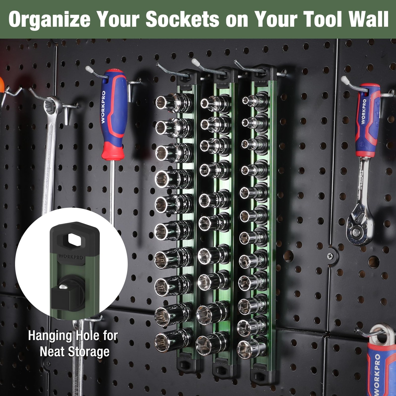 WORKPRO Magnetic Socket Organizer, 1/4-Inch Drive Aluminum 1/4″ DR, Green
