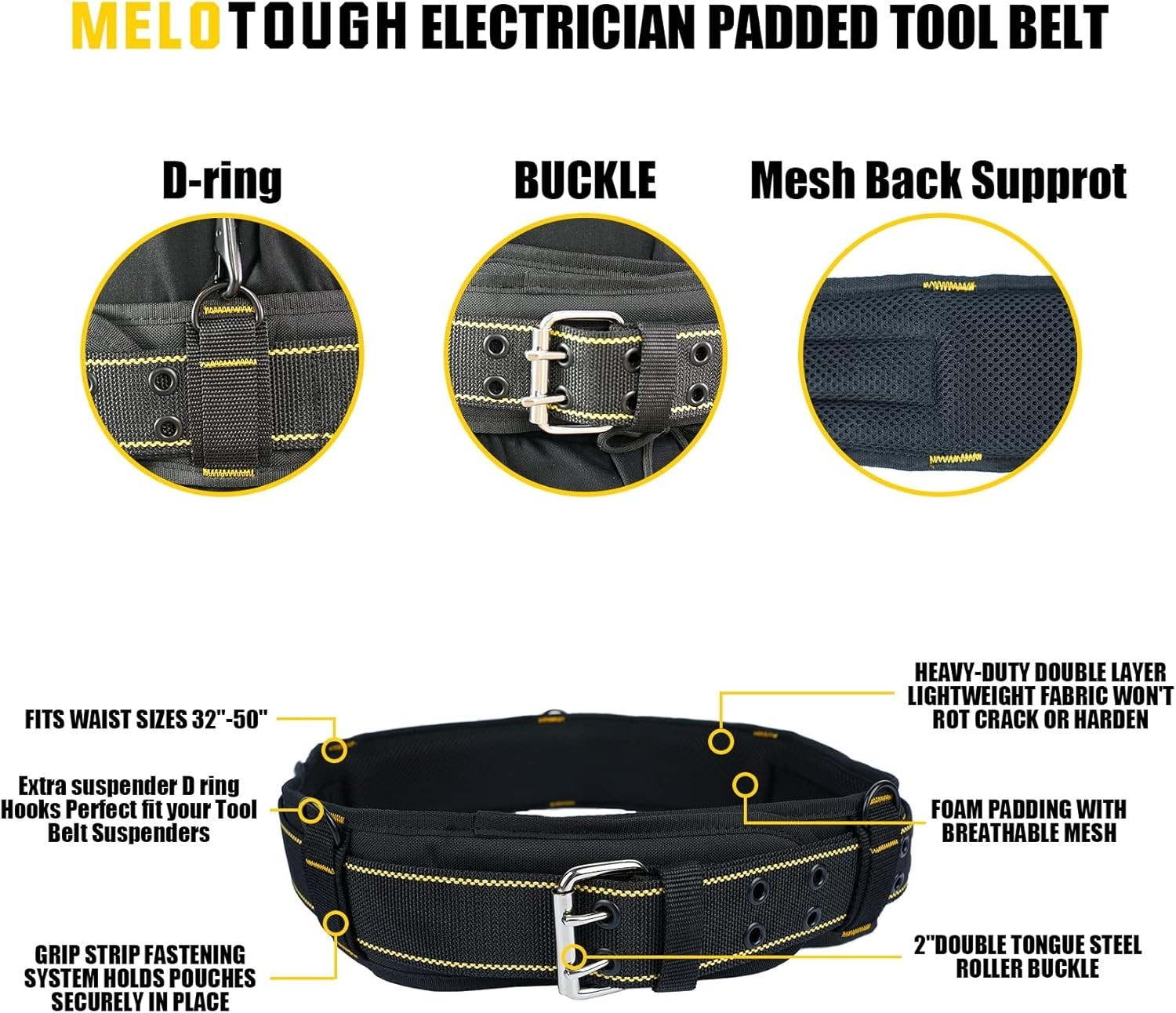 Padded Tool Belt With D Ring For Men Adjustable For 32″50″ Waists Heavyduty Work