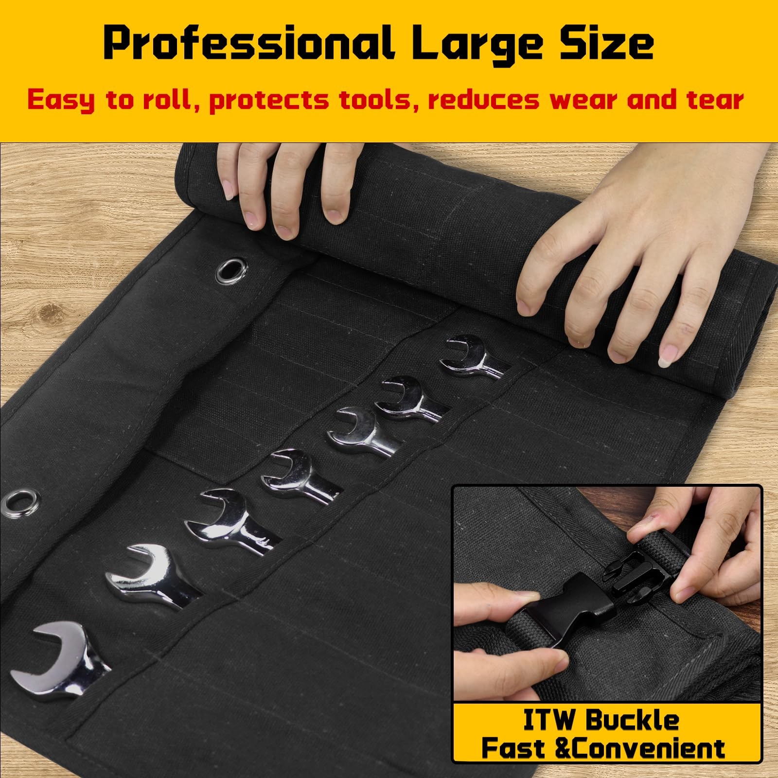 Wrench Roll 32 Pockets, Heavy-Duty 16 oz. Waxed Canvas Up Black