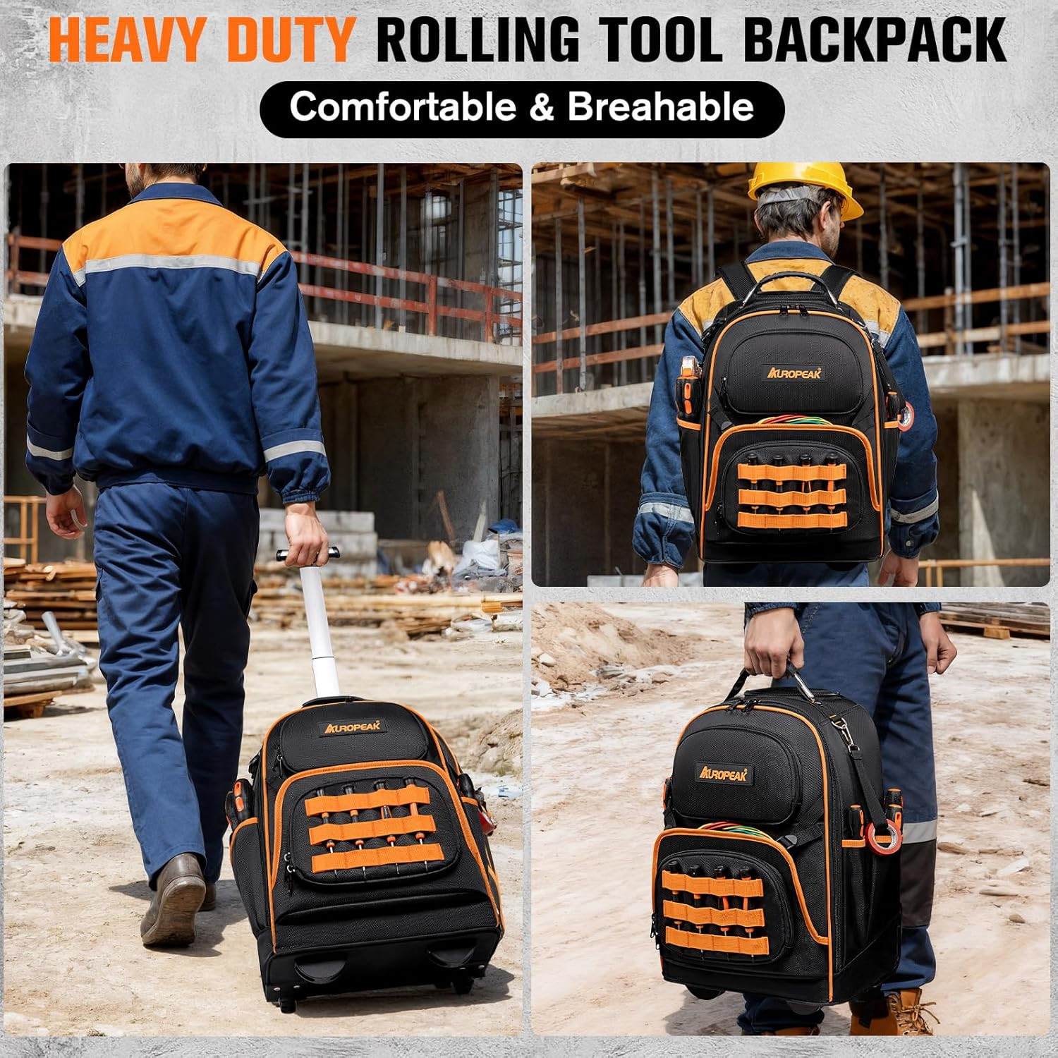Durable 2-in-1 Rolling Tool Backpack with 47 Pockets & Smooth Wheels