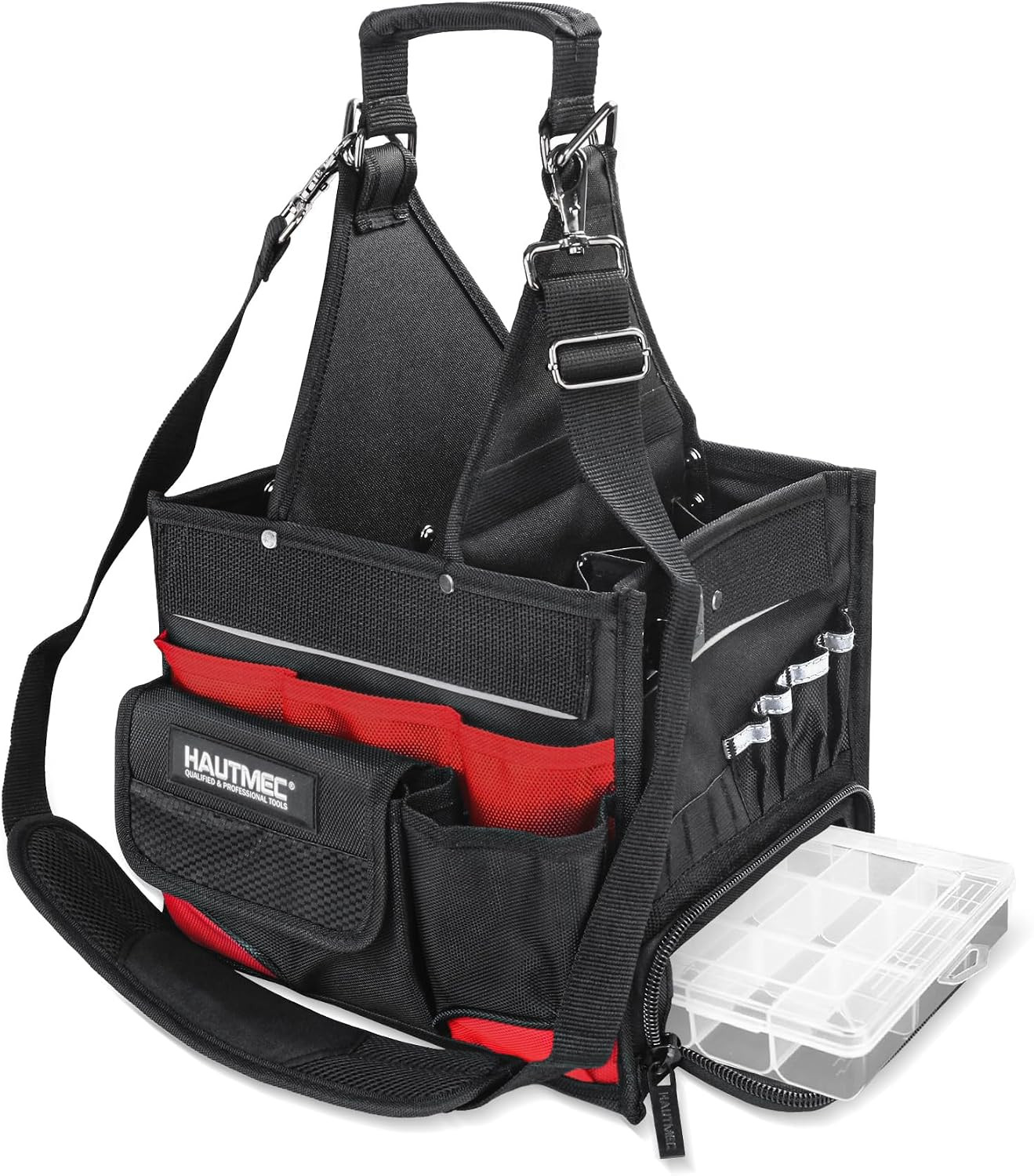 HAUTMEC Heavy-Duty Electrician Tool Bag with Parts Tray, 37-Pocket Open Top Tool