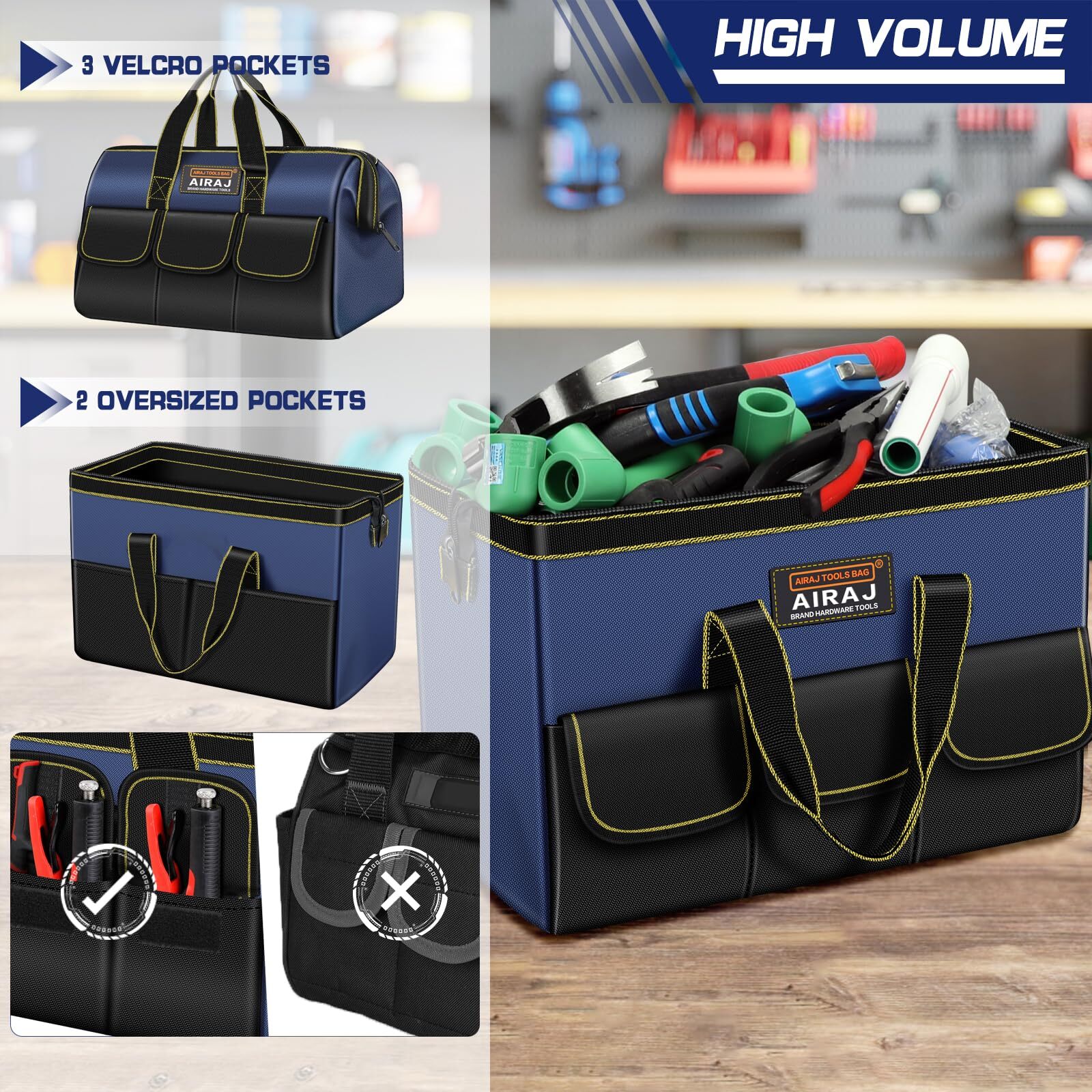 Tool Bag 2pack Set | 18″ & 14″ Portable Tool Storage Bag | Wide Mouth Tool Bags
