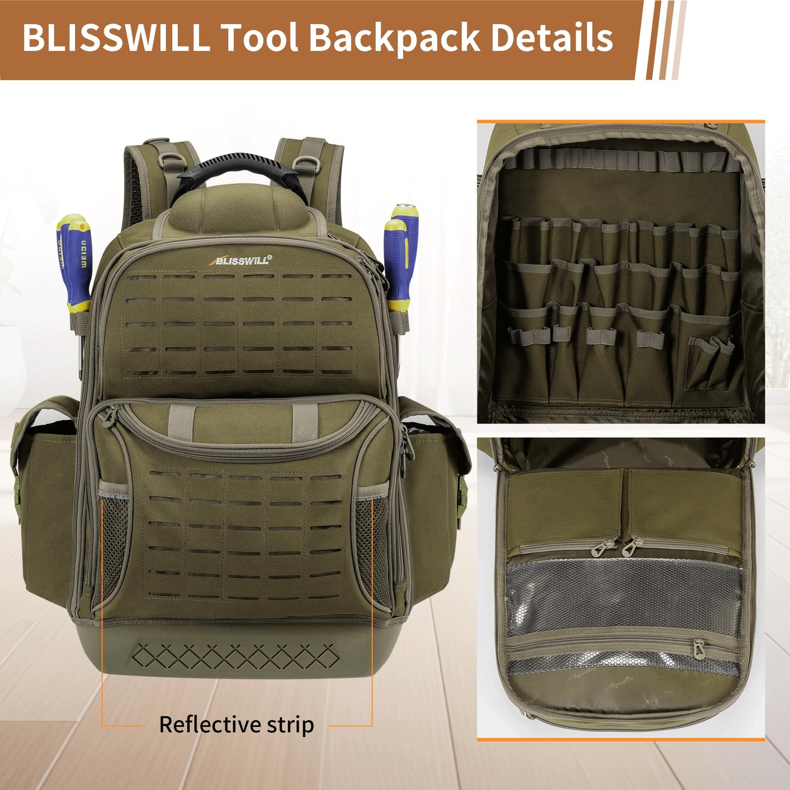BLISSWILL Tool Bag Backpack for men,Heavy 14″ L x 8″ W x 19.5″ H, Dark Khaki