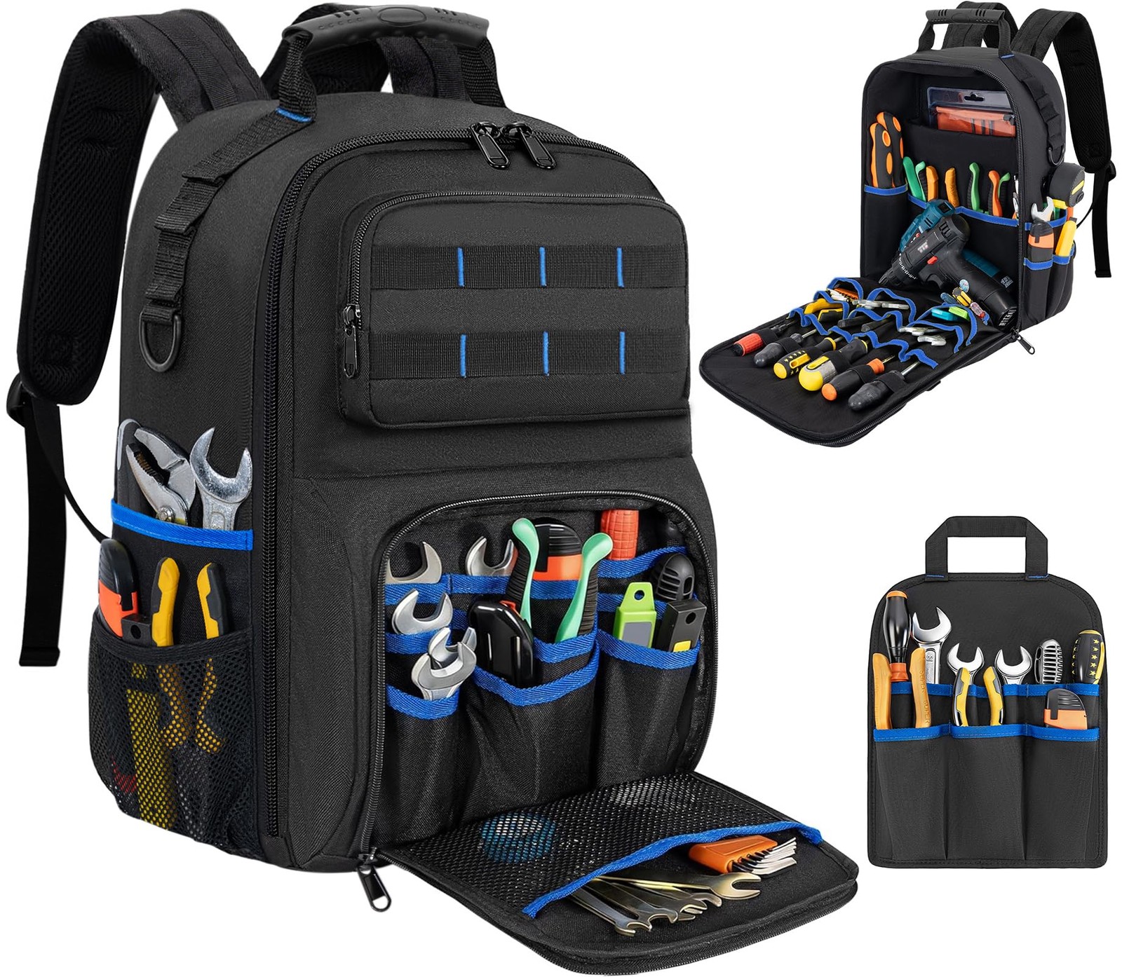 LASUK Backpack Tool Bag with Movable Base Plate, 11x9x16 inches, Black&Blue