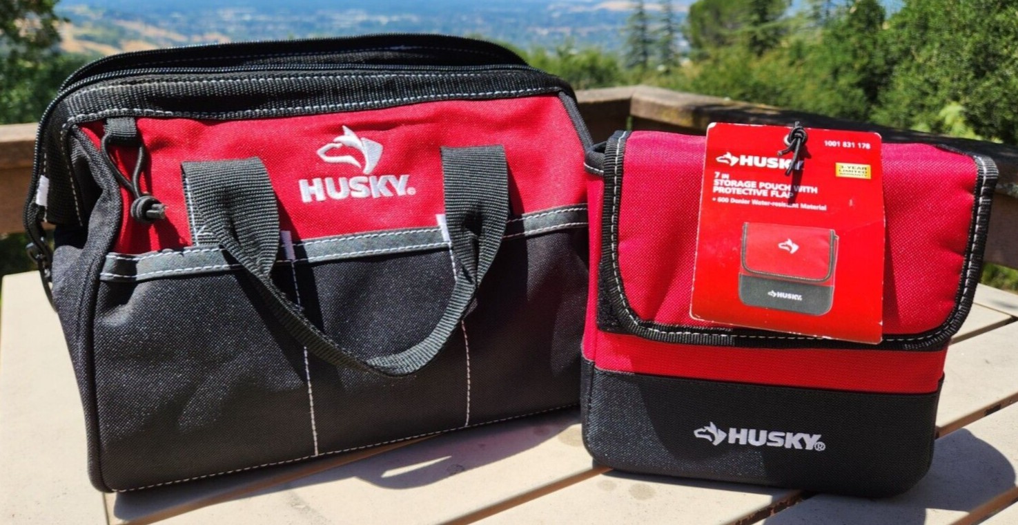 Husky Tool Bag 12″ 3 Pocket Zippered Storage Organizer Red/Black & storage pouch