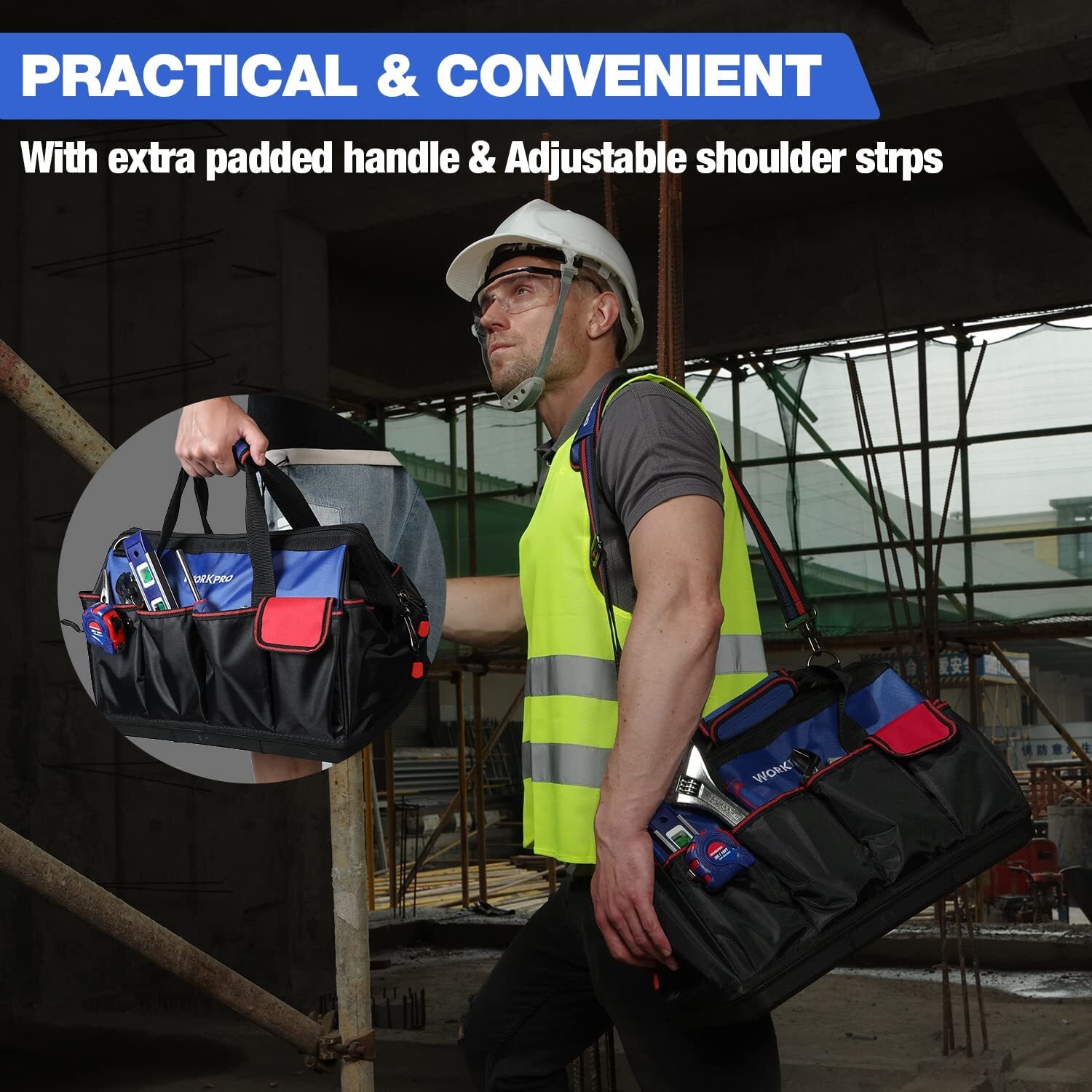 WORKPRO 18-in Tool Bag Molded Base Open Top Tool Organizer Bag w/Shoulder Strap