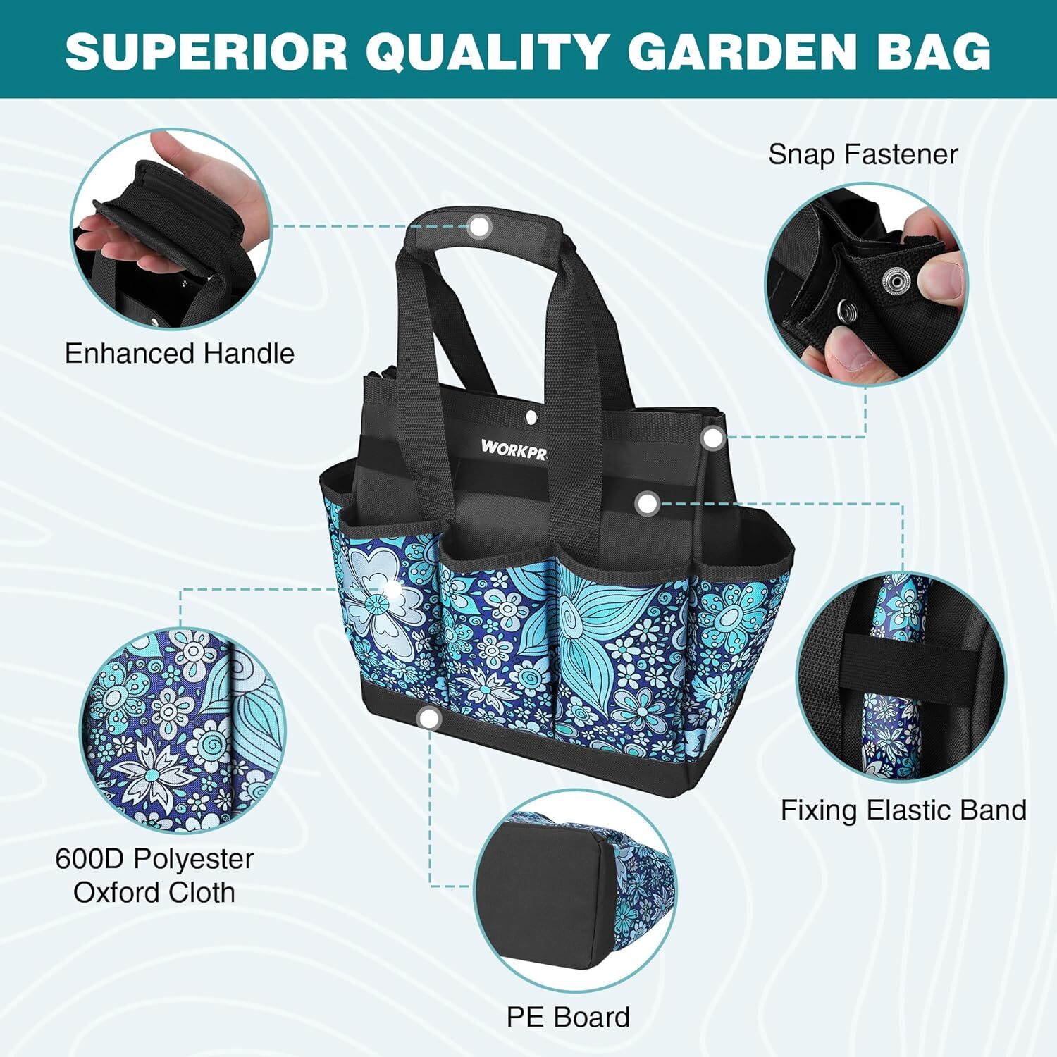 WORKPRO Garden Tool Bag, 9 Pockets Garden Tote Bag 12″ x 12″ x 6″ (Floral Blue)
