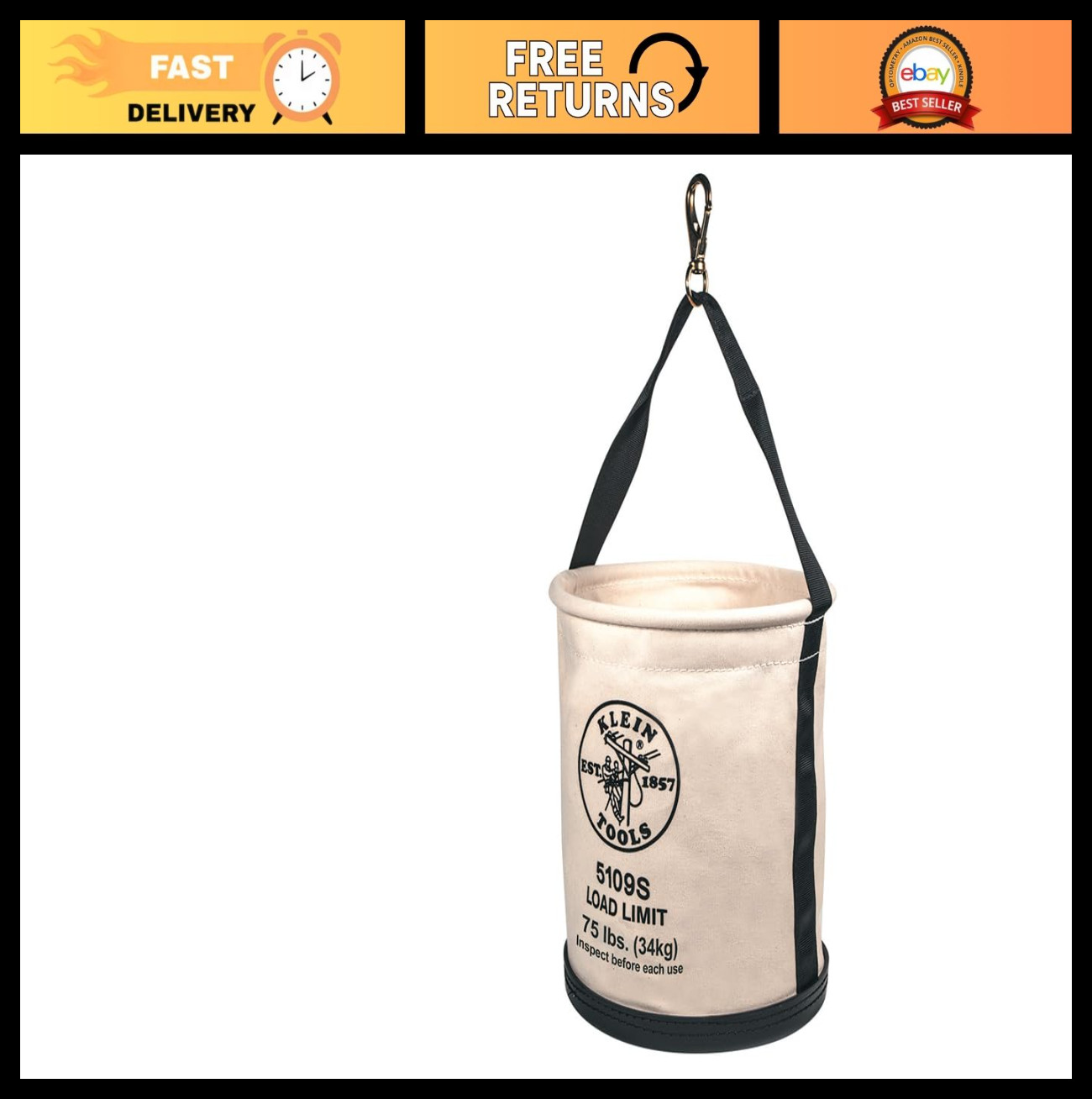 Canvas Tool Bucket with Swivel Snap, Straight Wall Design, 75 lb Load Capacity