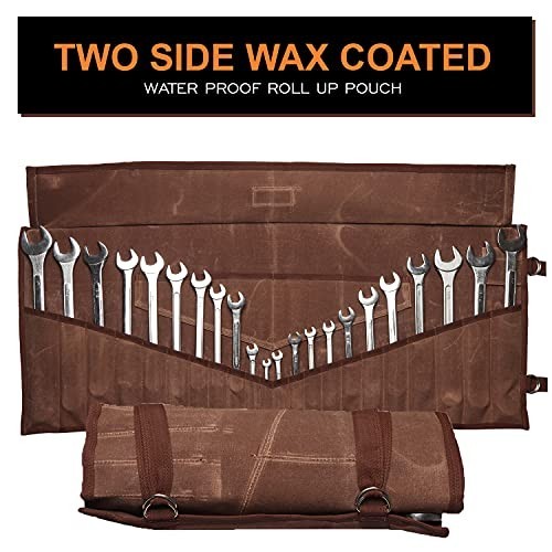 Wrench Roll 26 Pocket Waxed Canvas Tool Organizer Cinnamon Brown Waterproof