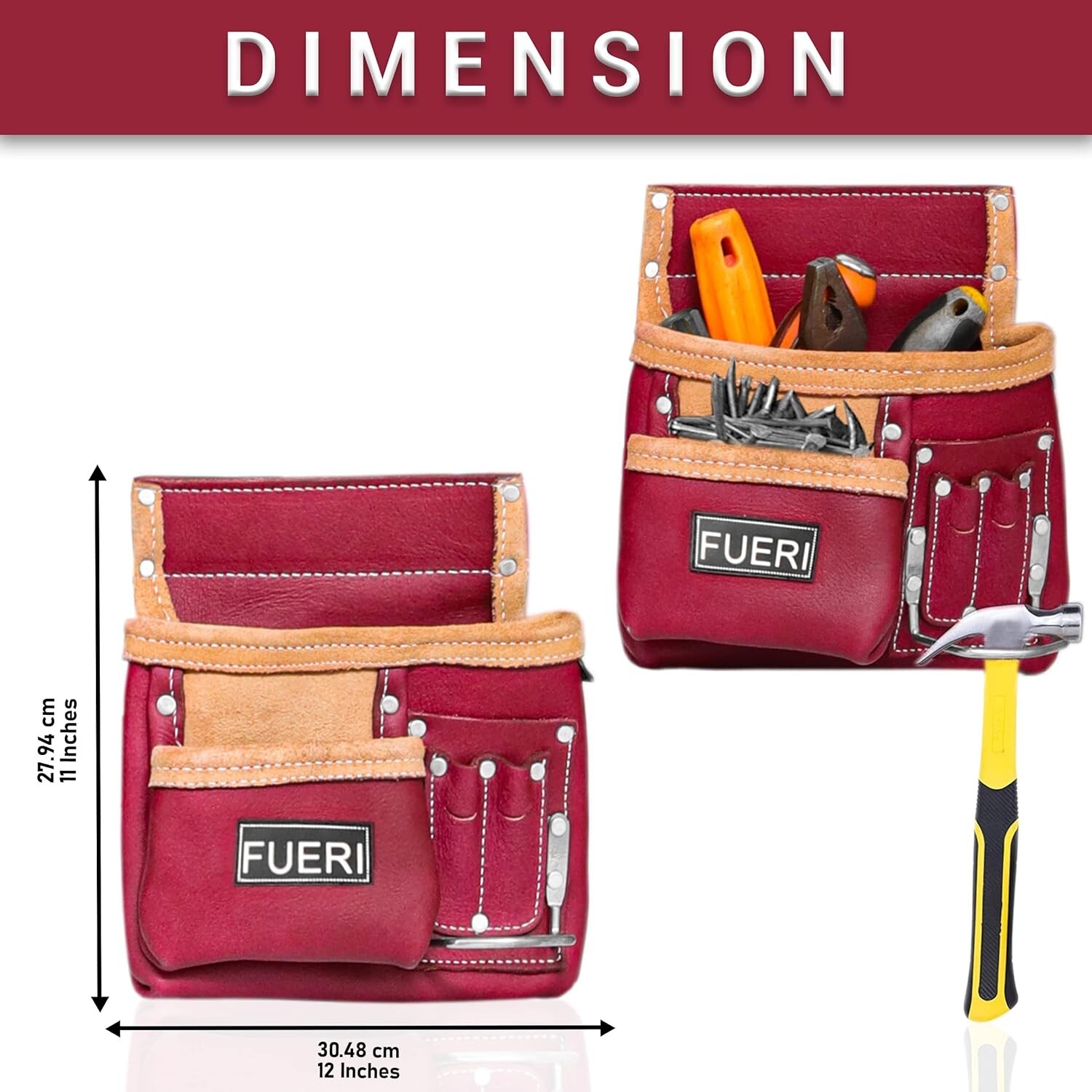 Construction Tool Belt, 11 Pockets Leather Tool Pouches Carpenters Work Belt