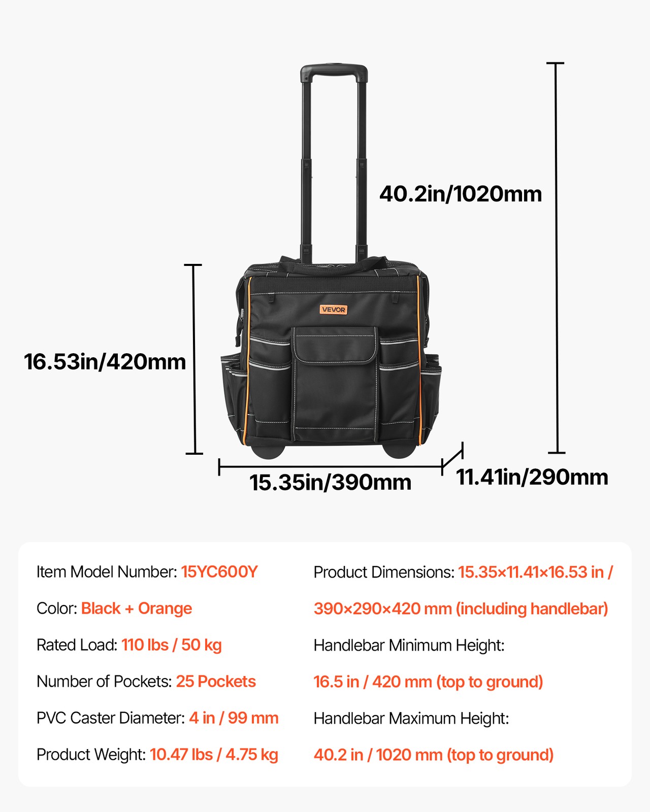 VEVOR Rolling Tool Bag 25 Pockets Heavy Duty Roller Tool Bag on Wheels
