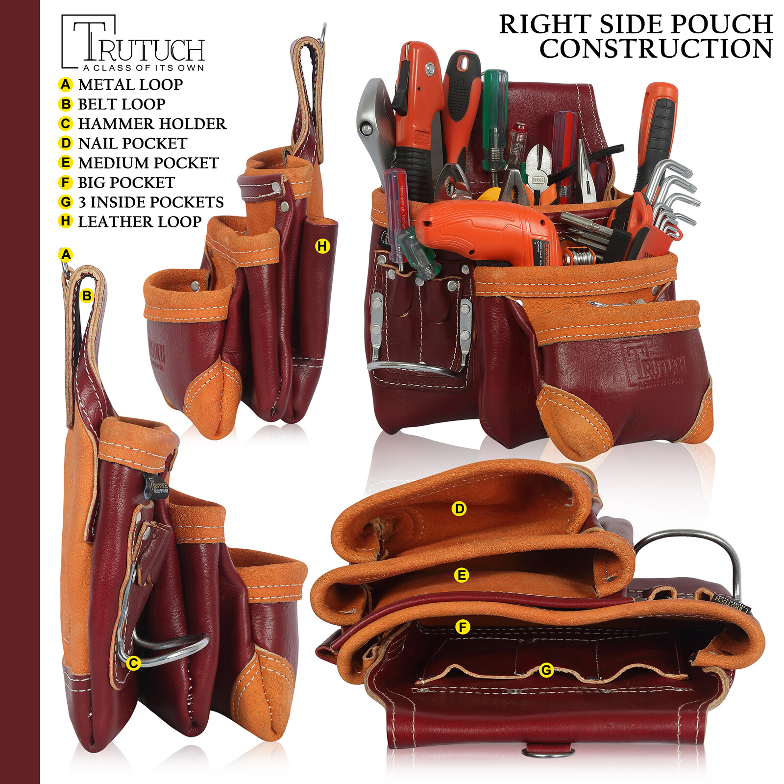 Trutuch Leather Carpenter Tool Belt | 18 Pockets | Framers Tool Belt | Handyman