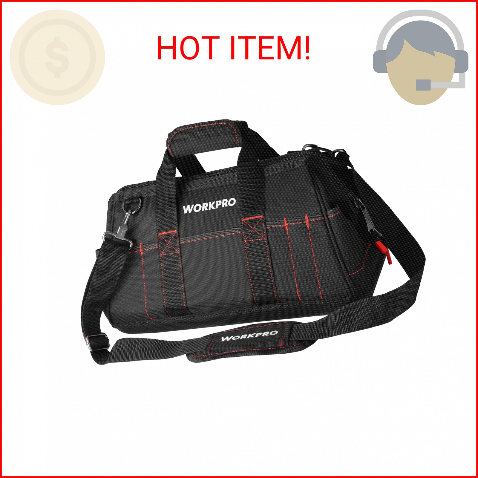 WORKPRO 16-inch Close Top Wide Mouth Tool Storage Bag with Water Proof Rubber Ba