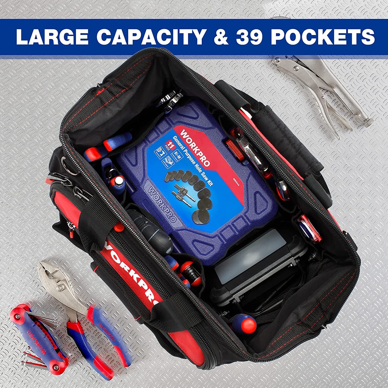 WORKPRO 16″ Tool Bag Top Wide Mouth With 46 Pockets For Tool Organizer & Storage