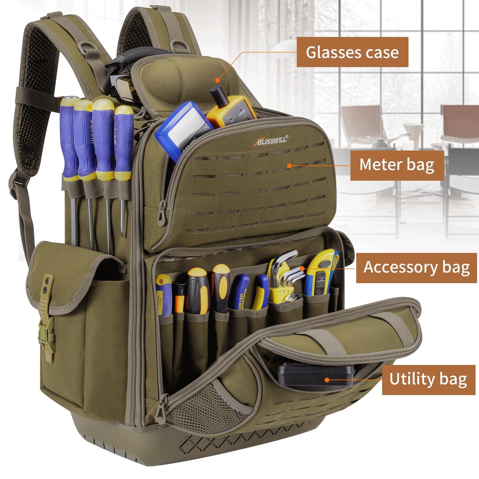 BLISSWILL Tool Bag Backpack for men,Heavy 14″ L x 8″ W x 19.5″ H, Dark Khaki