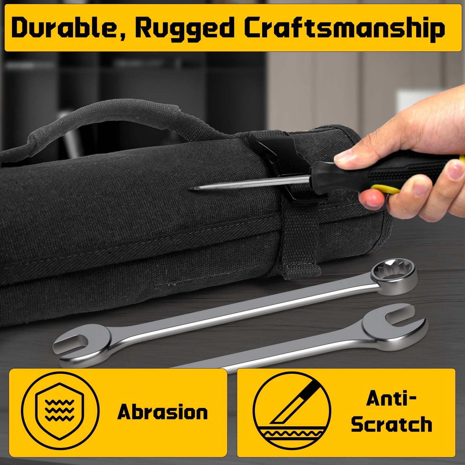 Wrench Roll 32 Pockets, Heavy-Duty 16 oz. Waxed Canvas Up Black