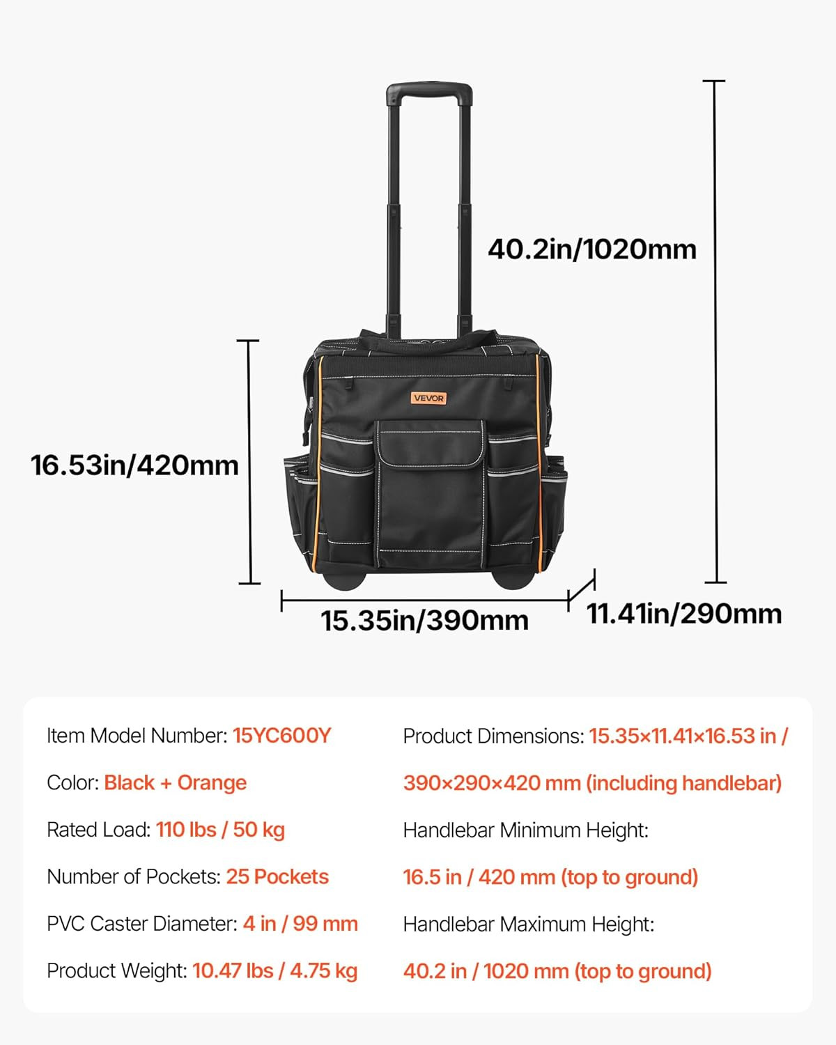 15″ Rolling Tool Bag, 110 Lbs Load Capacity, 25 Pockets Heavy Duty Roller Tool B