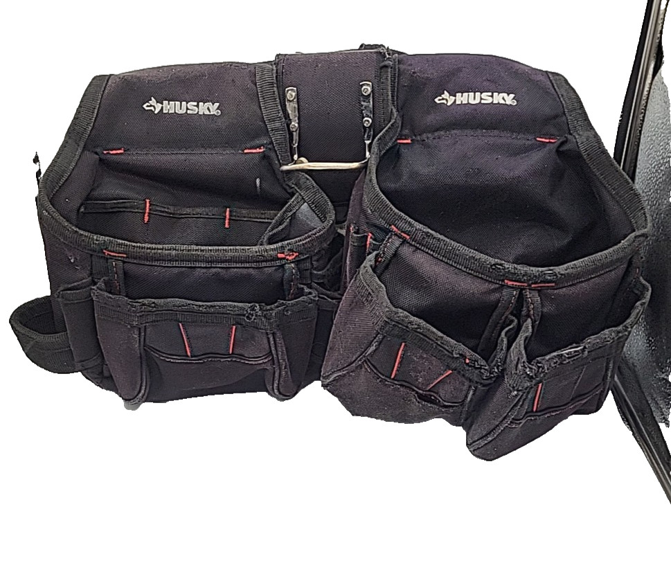 Husky Tool Belt Contractor 2 Bag 10 Pocket Work Belt Black Hammer Loop Carpenter