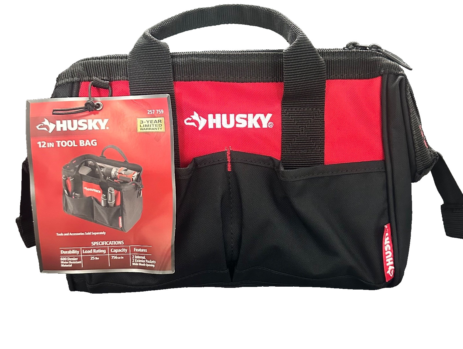 Husky 12 in 4 Pocket Tool Bag Zippered Top Water Resistant Wide Mouth 257 759
