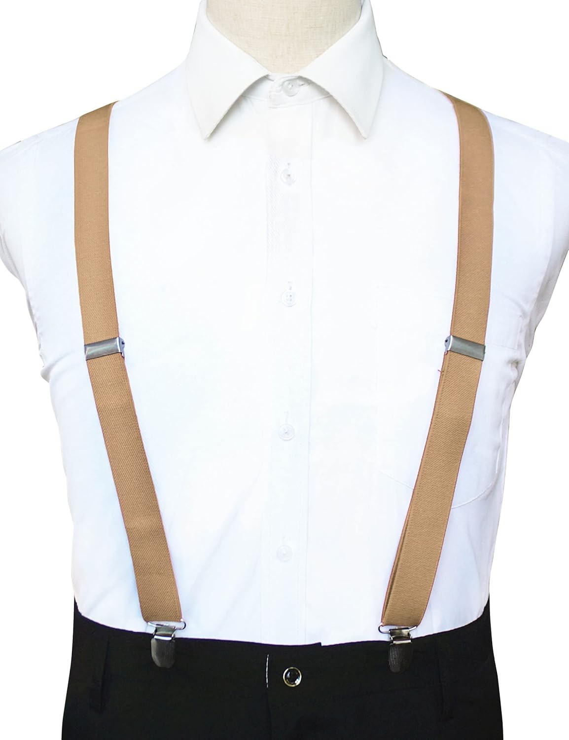 Solid Color Mens Suspender with 3 Strong Clips Adjustable Braces Champagne