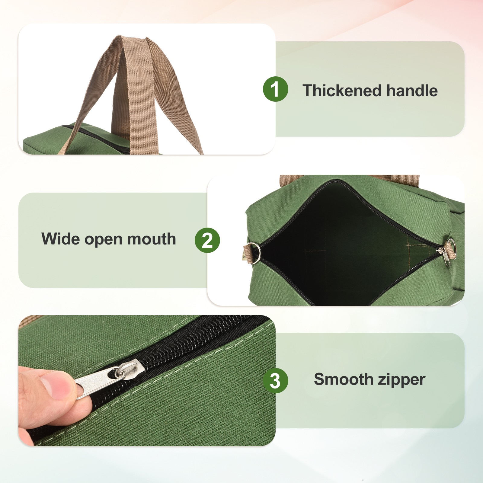Small Tool Bag, 12 Inch Wide Mouth Tool Organizer Bag, Army Green