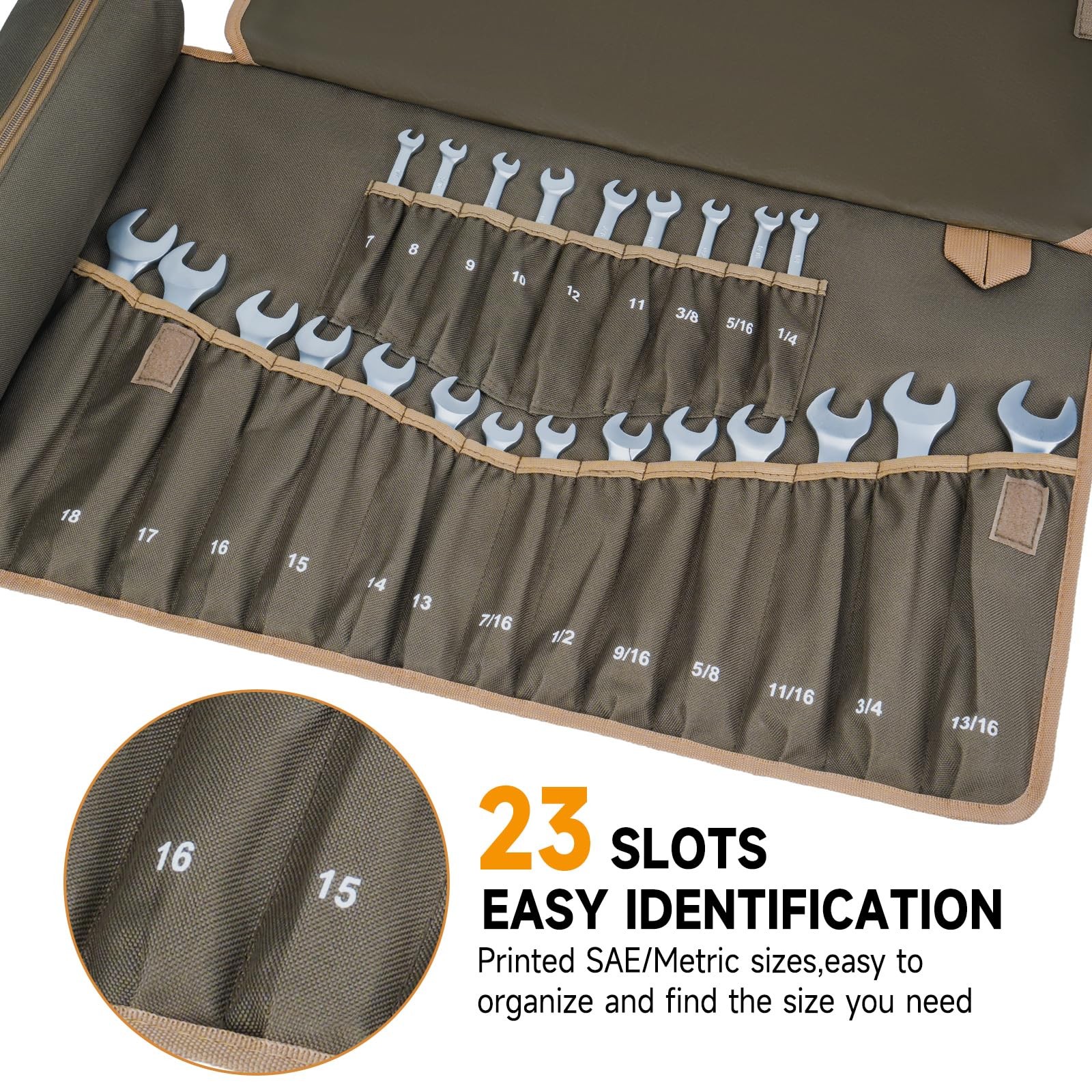 Wrench Roll Organizer,Wrench Up Pouch with 23+1 Olive Green
