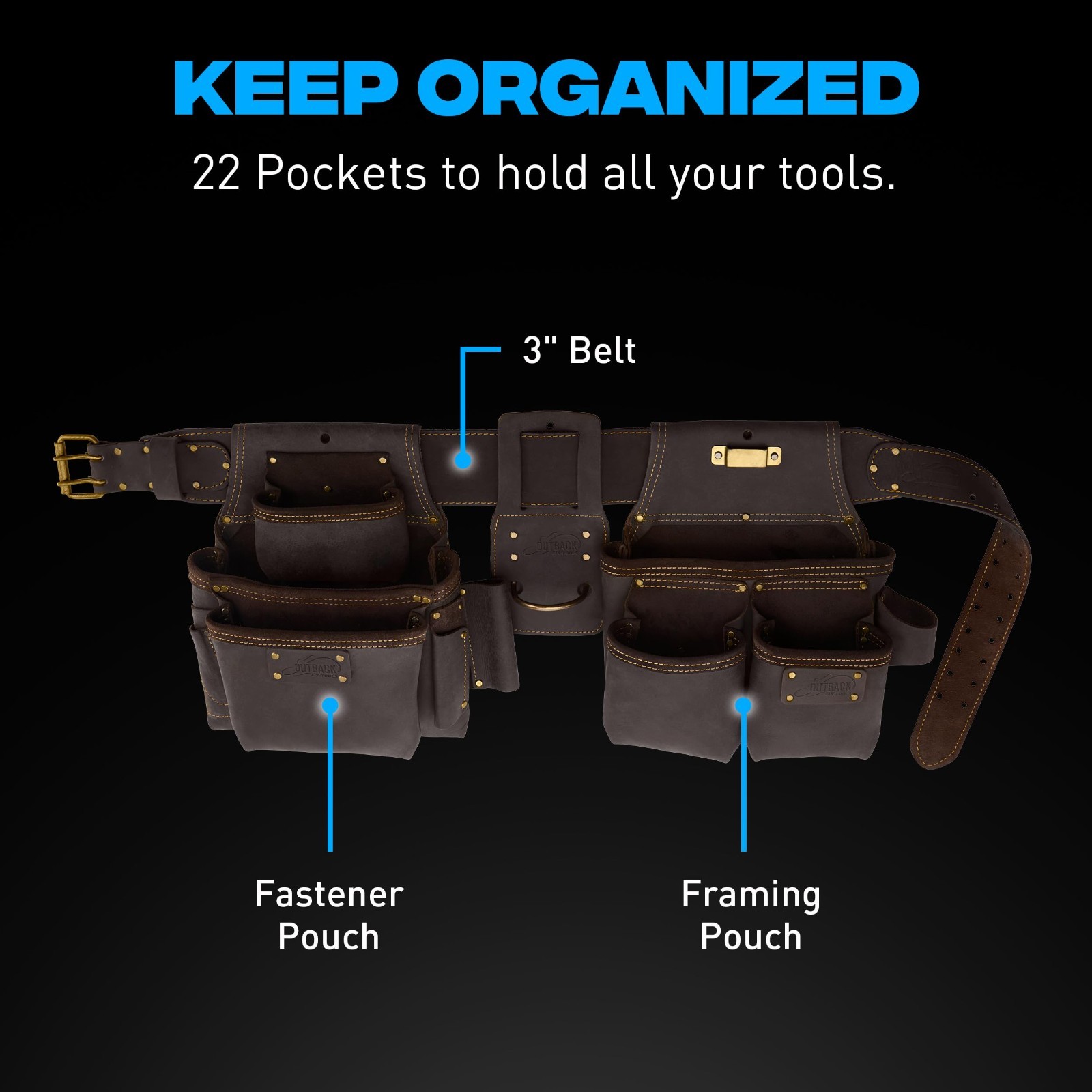 22-Pocket Leather Tool Belt – Oil-Tanned, Double-Stitched, Steel Rivets, Durable
