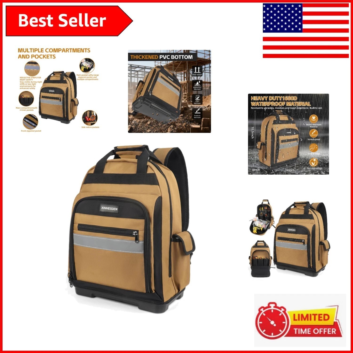 Large Capacity Waterproof Tool Backpack with Soft Straps – Ideal for Contractors