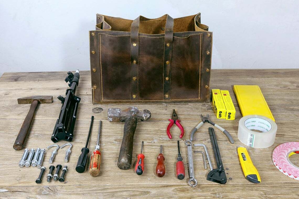 Rustic full grain leather tool bag box vintage leather tool tote bag for men