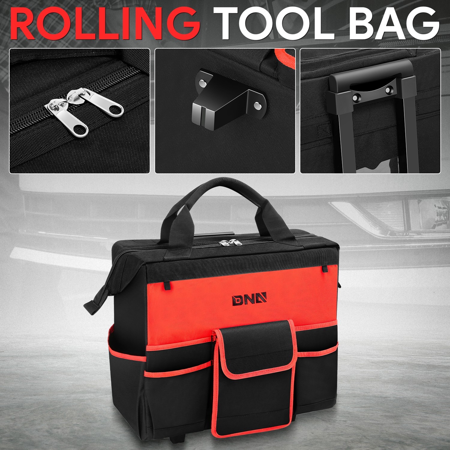 18″L x 8.8″W x 14.5″H 600 Denier Oxford Rolling Tool Bag w/ Telescoping Handle