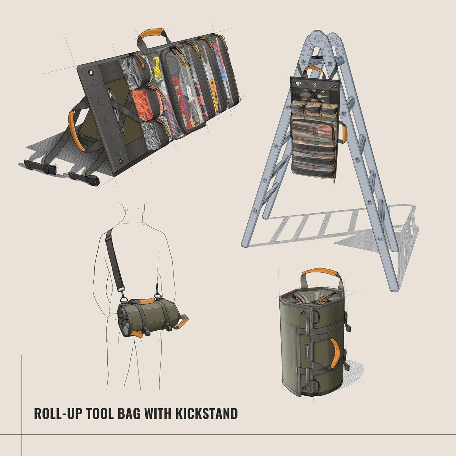 Heavy Duty Roll-Up Tool Bag with Kickstand & 7 Pockets for Easy Access