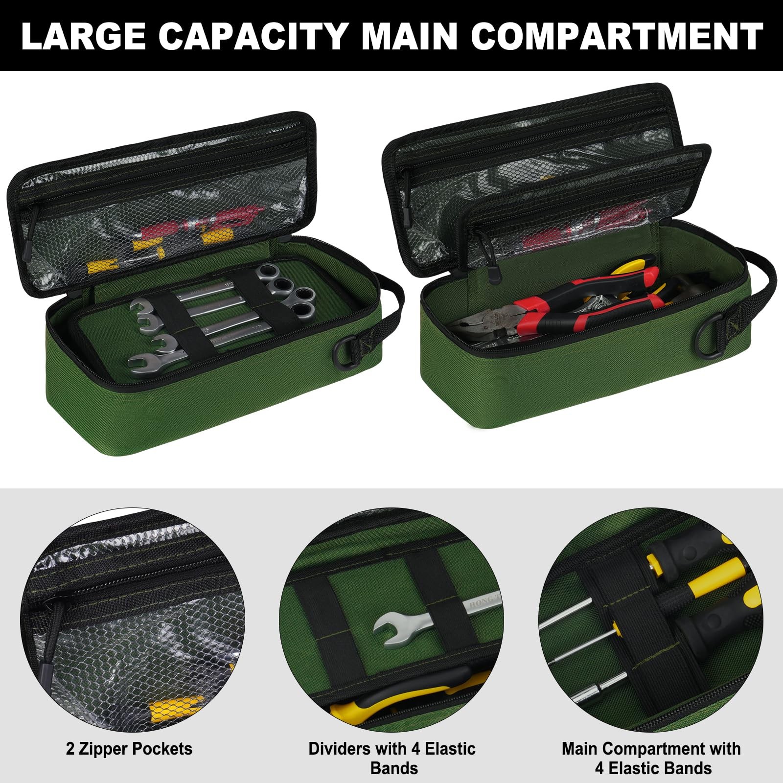 Heavy Duty Small Tool Bags for Men 12.2 x 5 x 4 inches, Black + Army Green