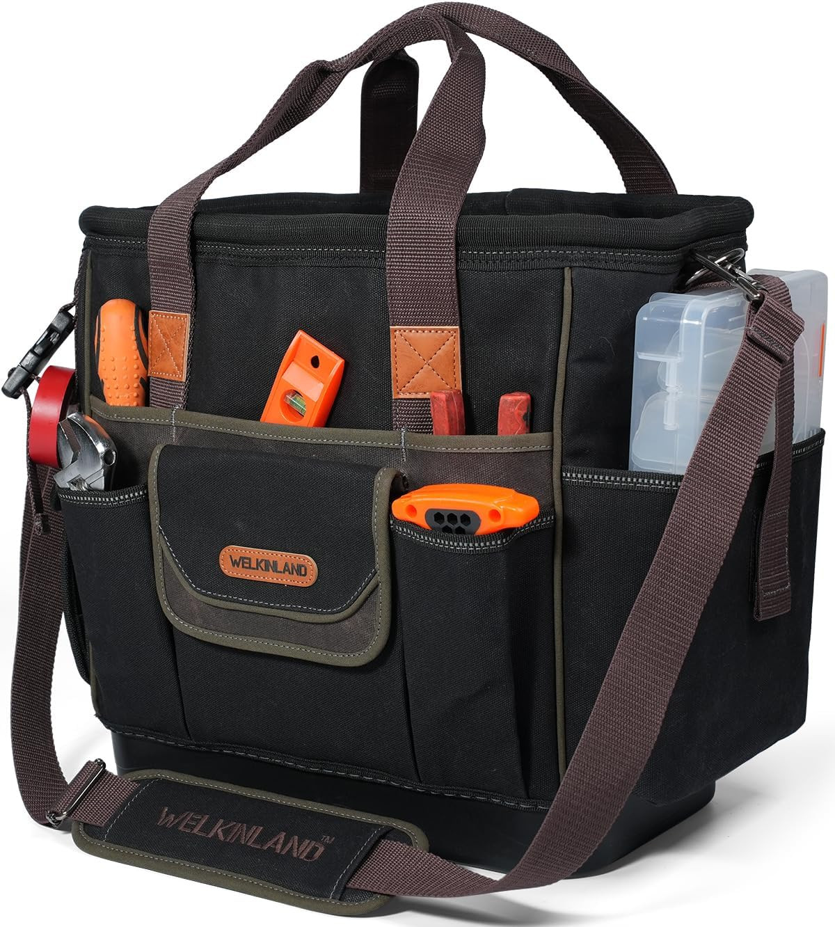 WELKINLAND 50-Pocket Electrician Tool Tote, 14″ Hard Bottom Tool Bag, Waxed-Canv