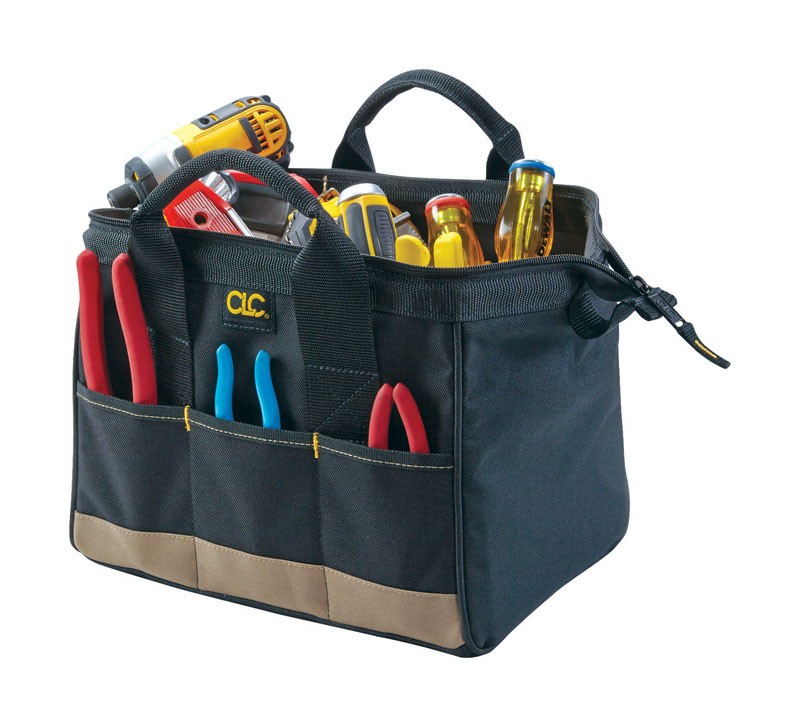 CLC 8.5″W x 8″H Polyester Tool Bag 14 Pocket Black/Tan