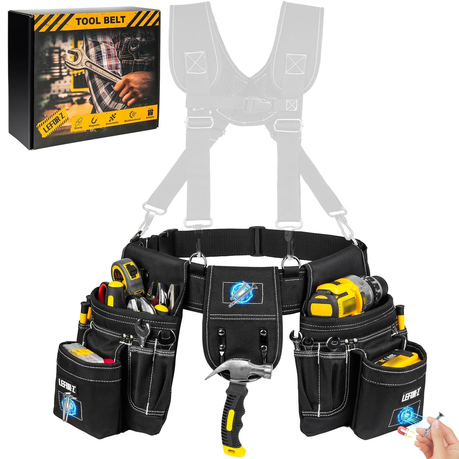 Heavy Duty Tool Belt with 4 D-Rings, 27 Pockets, Magnetic Pouch, Adjustable Util