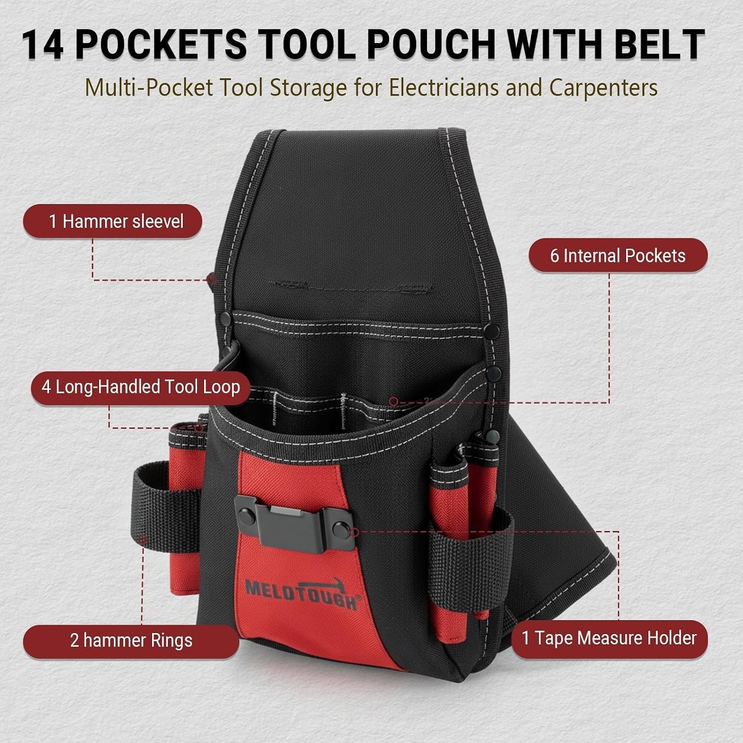 Professional 14-Pocket Electrician Tool Belt Pouch with Detachable Hammer Loop