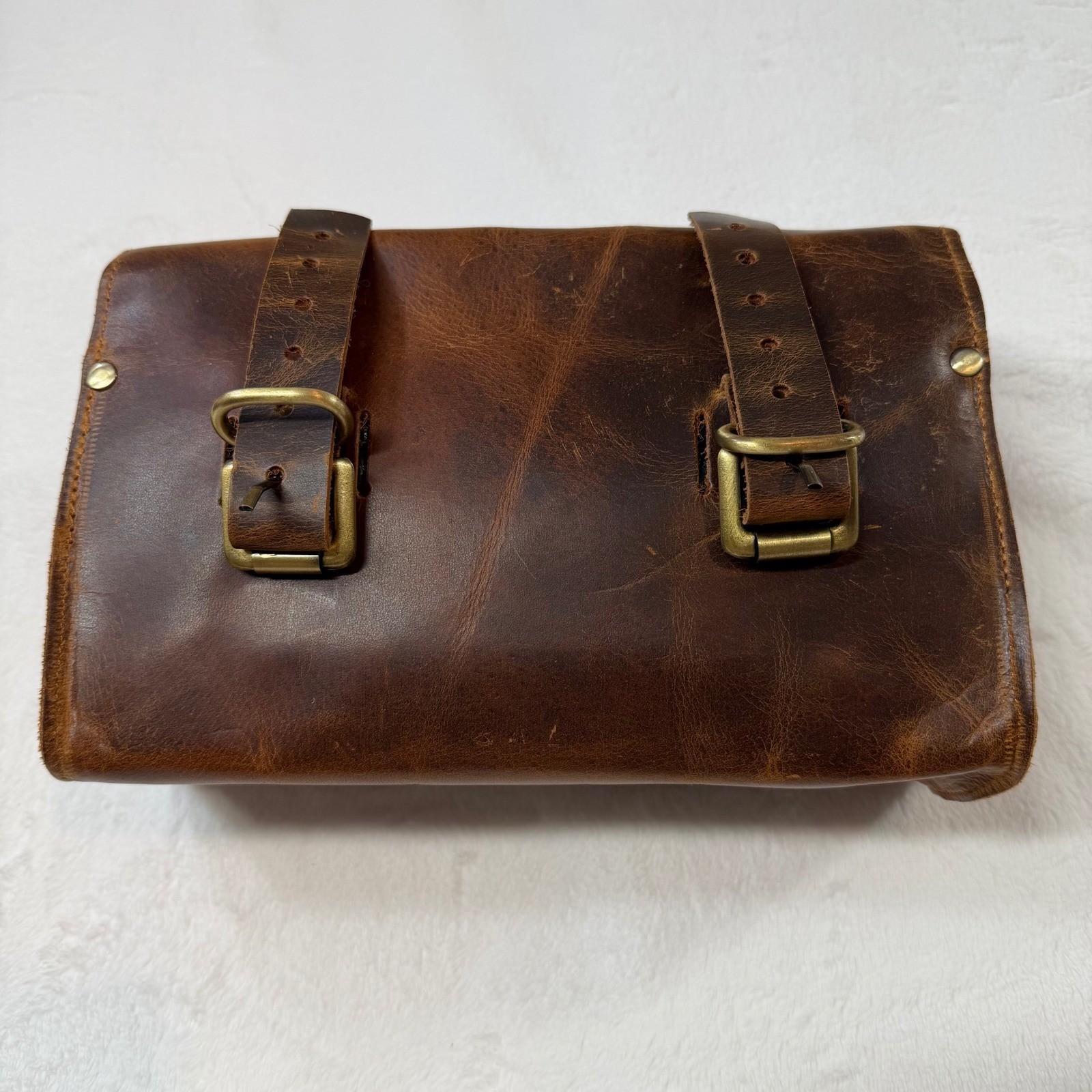 Unbranded Leather Handlebar Tool Bag Brown Good Distressed Buckle Moto Accessory