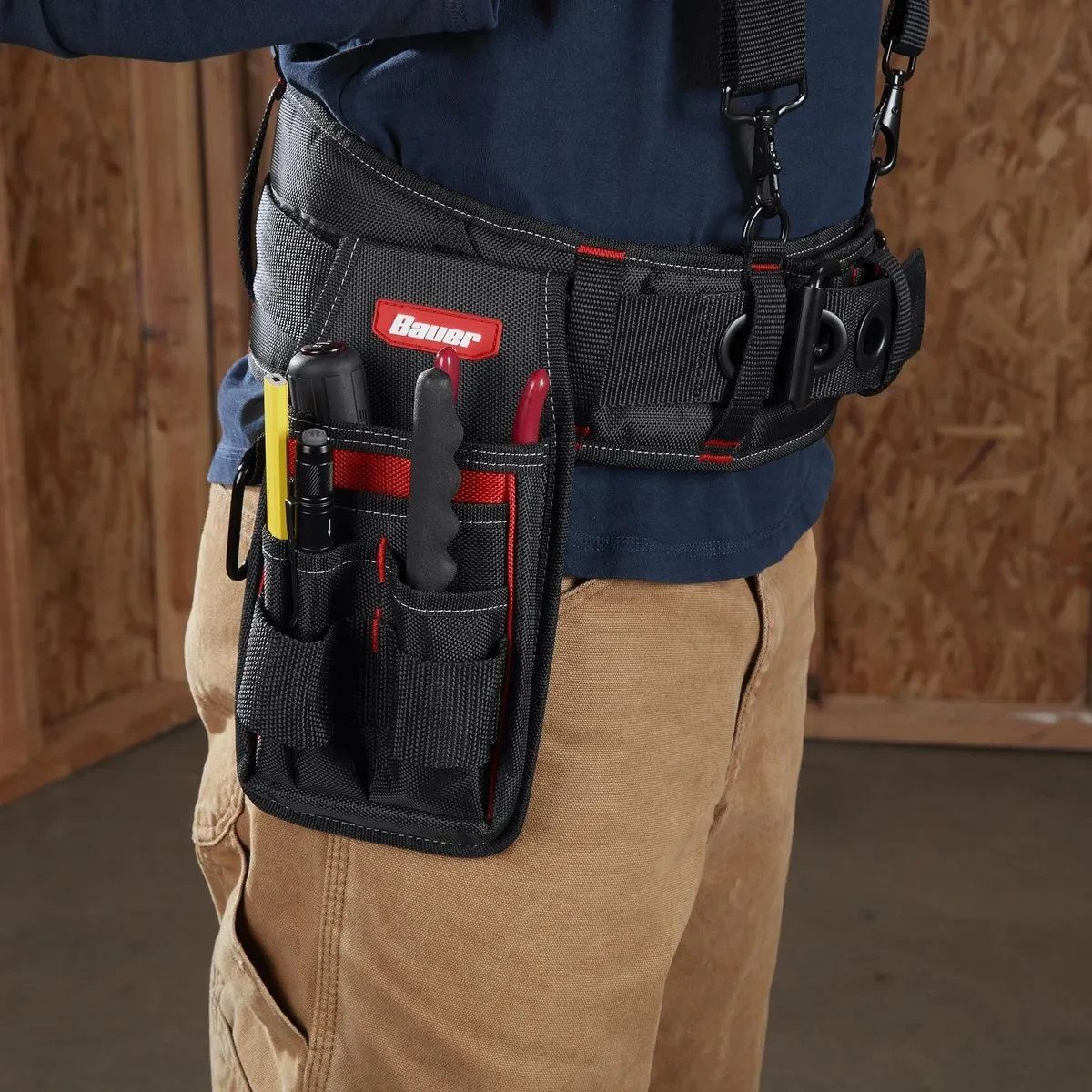 BAUER TOOL BELT 5 POCKET/POUCH & 2 LOOPS #58522 BLACK RED POLYESTER w/CARABINER